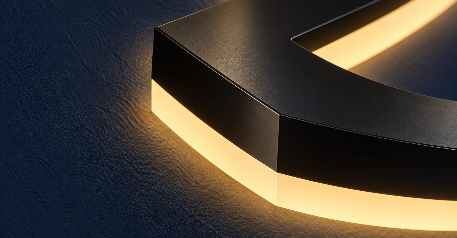 Extreme close-up of the folded return of a dark three-dimensional letter with an even warm halo of light behind it on a textured navy wall.